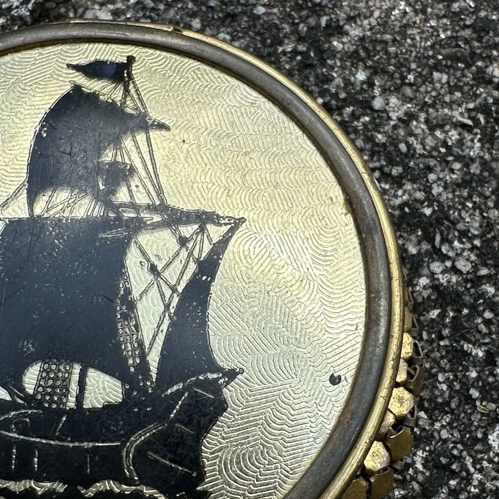 VTG Galleon Ship Powder Compact Gold Tone Guilloché Foil Nautical Vanity Compact